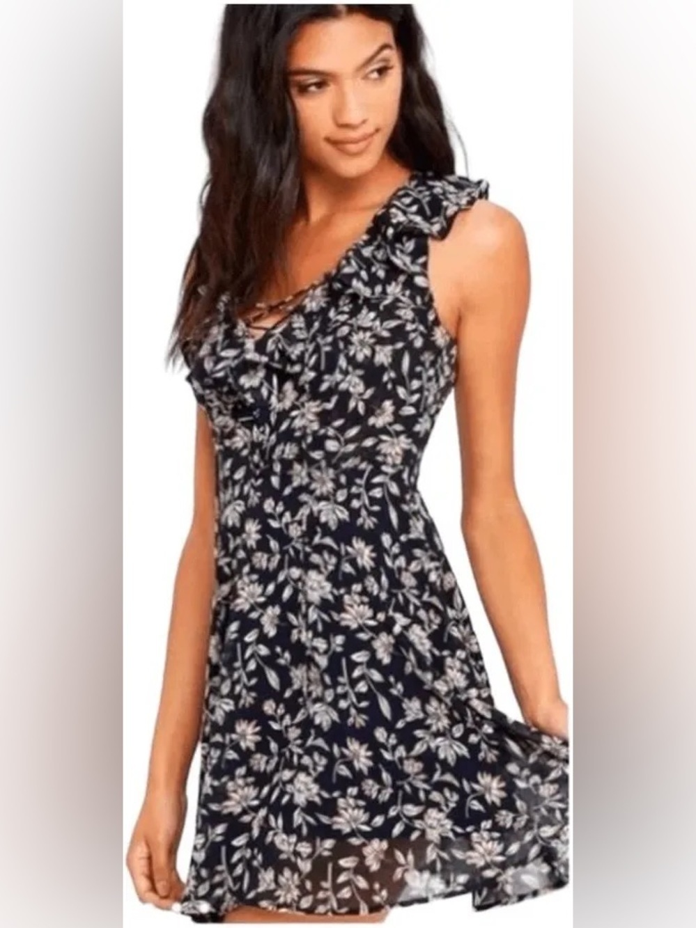 J.O.A. Navy Lace Up Floral Mini Fit & Flare Dress